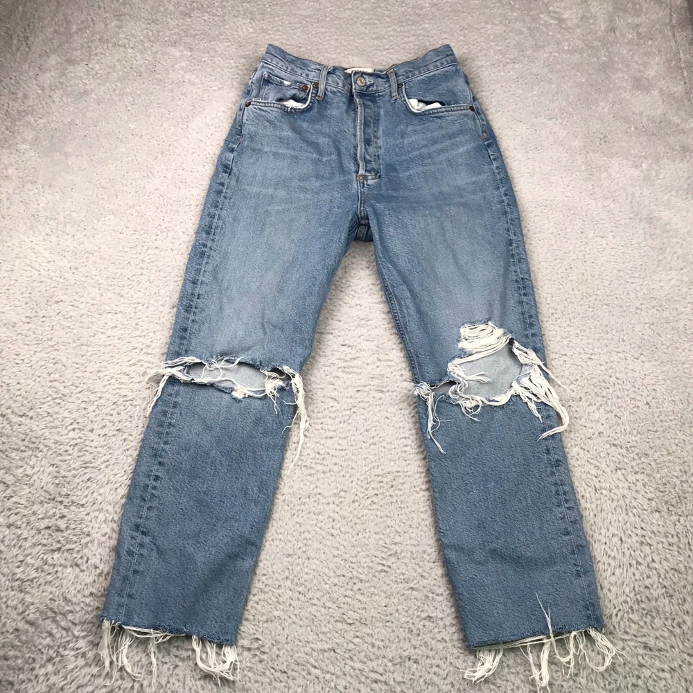 AGOLDE Riley Jeans‎ Womens 28 (26x24) High Rise Straight Crop Knee Holes Fray